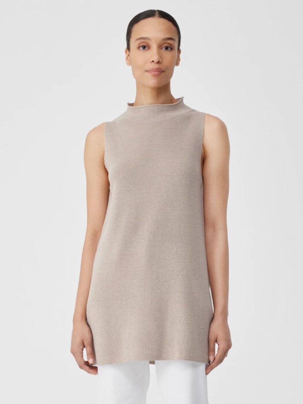 Eileen Fisher Organic Linen Cotton Funnel Neck Top Natural S Small Textural
